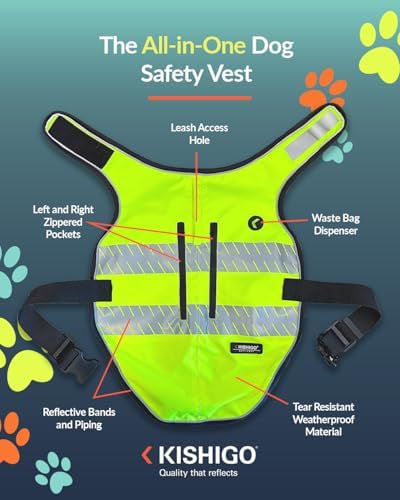 Reflective Dog Safety Vest, Harness and Collar Compatible, Waste Bag Holder, Water Resistant, Adjustable Neck and Chest, Day or Night Walking, High-Visibility Protection (Lime, M)