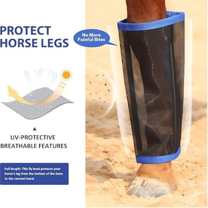 Fly Boots for Horse-Set of 4 Breathable Mesh Horse Fly Leg Guards, UV Protective Lightweight Fly Protection, Reduce Stomping & Insect Stress for Riding, Training, Pasture & Trail Riding-Blue