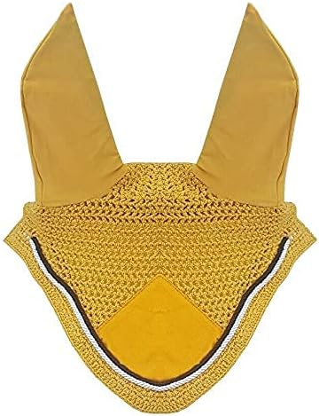 Horse Fly Bonnet Double Piping Ear Net Fly Veil Mask Breathable Cotton Crochet Horse Tack (COB, Mango/Mustard)