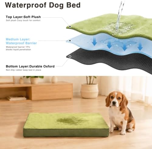 NUPIDA Waterproof Large Dog Bed for Crate with Washable Cover, 35x22, Green
