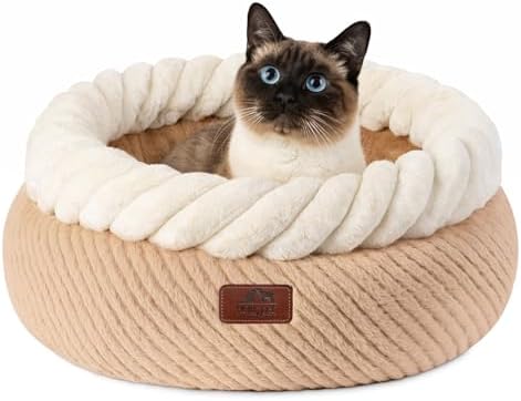 Hollypet Round Cat Bed Small Dog Beds with Detachable Cushion, Oatmeal