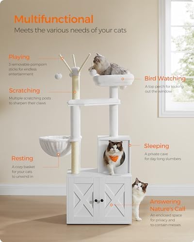 Feandrea Cat Tree with Litter Box Enclosure, 59-Inch, 2-in-1 Condo