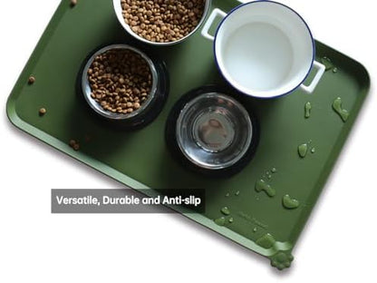 Hoki Found Large Silicone Non Slip Dog Cat Feeding Mats - Waterproof Tray Placemat for Carpet - Dark Olive