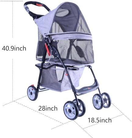 Full-Window pet Stroller 4 Wheels for Cats & Dogs, with Storage Basket,Cup Holder, Travel Puppy/Cats Stroller.Gray