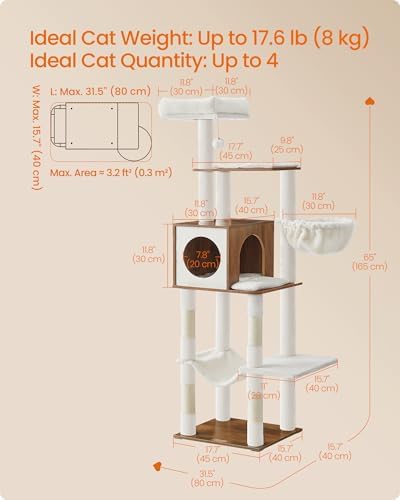 Feandrea Cat Tree, 65-Inch Tall Cat Tower, Multi-Level Condo with Cave