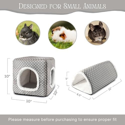 Guinea Pig Hideout, Dwarf Rabbit Bed with Play Tunnel, Washable Fleece House for Dwarf Bunnies, Chinchillas, Hedgehogs, Small Animal Cage Accessories Gray Dot