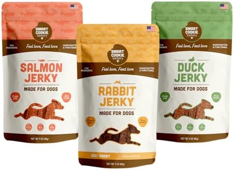 Smart Cookie Jerky Dog Treats - 3 Flavor Variety Pack - Rabbit, Salmon & Duck Jerky - Training Treats for Dogs, Puppies with Allergies, Sensitive Stomachs - Grain Free, Made in USA - 3oz