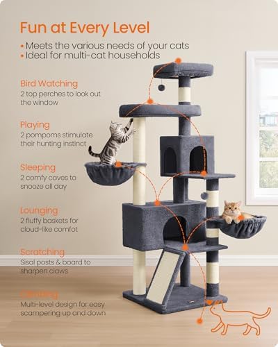 Feandrea Cat Tree, 68.5-in Tall Cat Tower, Multi-Level Condo, Dark Gray