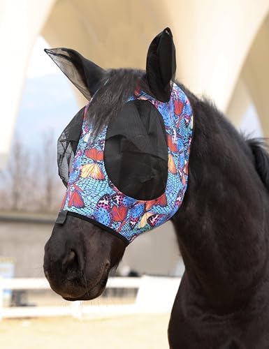 Harrison Howard Stretch Fly Mask with Forelock Opening and Patterns Comfortable Breathable Snug Fitting Horse Fly Mask Butterfly L