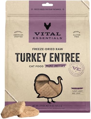 Vital Essentials Freeze Dried Cat Food, Turkey Mini Patties, 15 oz Bag