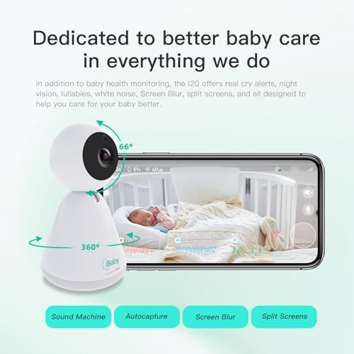 iBaby i20 Contactless Wellness Baby Monitor, 1080P Night Vision, 2-Way Audio, Cry Alerts, No Subscription