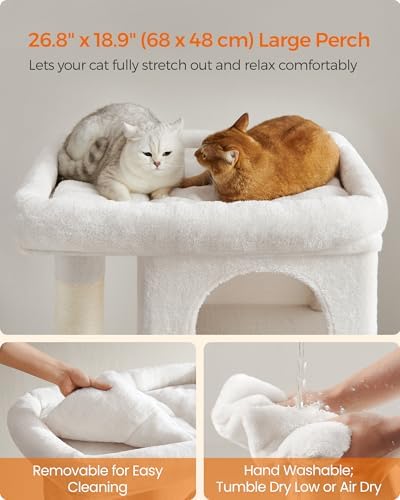 Feandrea Cat Tree, 40.6-Inch Tall Cat Tower, Cute Plush Condo, Cream White