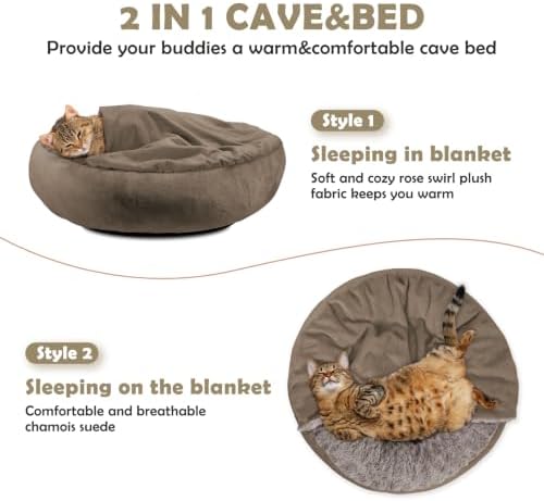 JOEJOY Small Dog Bed Cat Bed with Hooded Blanket, Cozy Cuddler Luxury Puppy Pet Bed, Donut Round Calming Anti-Anxiety Dog Burrow Cave Bed - Anti-Slip Bottom and Machine Washable 23 inch
