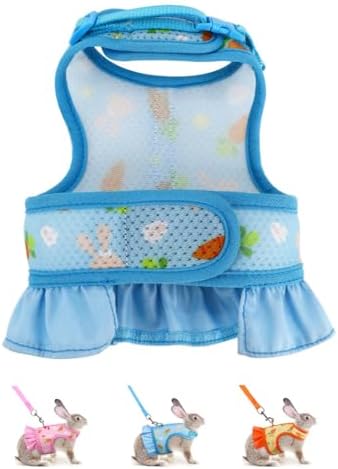 Rabbit Leash and Harness Set,Proof Walking Escape Cute Floral Mesh Vest Breathable Rabbit Clothes for Bunnies Hiking, Training for Ferret Kitten Puppy Small Pet Harness Blue M