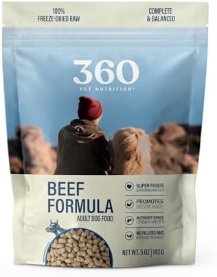 360 Pet Nutrition Freeze-Dried Raw Dog Food – Beef Recipe with Liver & Organs, High Protein with Omega-3s, Fruits, Veggies & Superfoods, Grain-Free, No Fillers, 5 oz – Made in USA