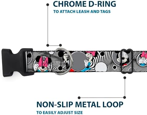 Buckle-Down Plastic Clip Collar - Mickey & Minnie Peek-a-Boo Expressions Swirl Black/White - 1/2" Wide - Fits 8-12" Neck - Medium