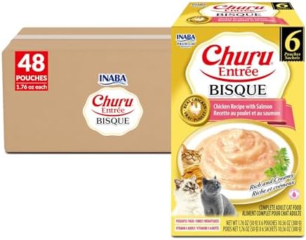 INABA Churu Entrée Bisque for Cats, High Protein & Moisture, Prebiotic Wet Cat Food, 1.76oz. per Serving, 48 Pouches, Chicken with Salmon Recipe