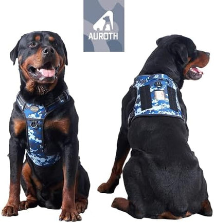 Auroth Tactical Dog Training Harness No Pulling Front Clip Leash Adhesion Reflective K9 Pet Working Vest Easy Control for Small Medium Large Dogs Blue Camo XL