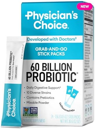 Physician’s Choice 60 Billion CFU Probiotic Stick Packs - 10 Strains + Prebiotics - Immune, Digestive & Gut Health - Supports Occasional Constipation, Diarrhea, Gas & Bloating - for Women & Men - 24CT