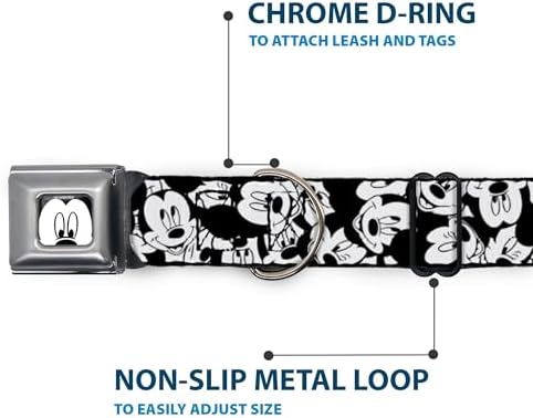 Buckle-Down Seatbelt Buckle Dog Collar - Mickey Mouse Expressions Stacked White/Black - 1.5" Wide - Fits 16-23" Neck - Medium