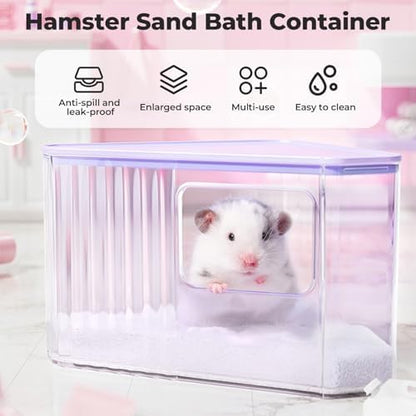 mini&moe Hamster Sand Bath Container - Small Animal Bathroom Shower Room Large Space Corner Digging Box with Cleaning Scoop Rat Dust Bath House for Guinea Pig, Hedgehog, Gerbil