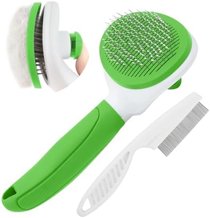 Cat Brushes for Indoor Cats, Dog Brush for Shedding with Metal Cat Comb, Self Cleaning Pet Hair Brush with Release Button for Grooming Kitten(Green)