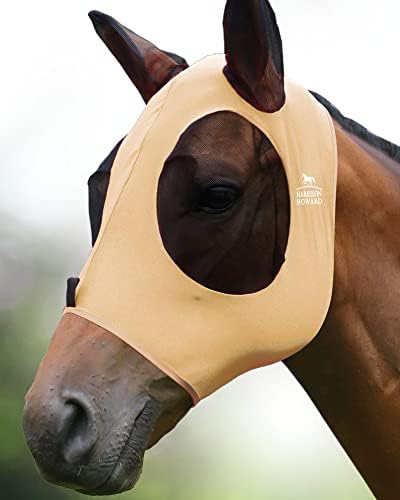 Harrison Howard Super Comfort Stretchy Fly Mask Large Eye Space with UV Protection Soft on Skin with Breathability Champagne Gold S Pony