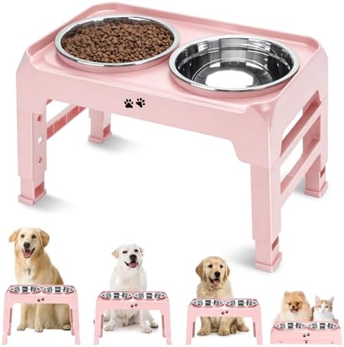 COMESOON Elevated Dog Bowls, 4 Height Adjustable Raised Bowl Stand with 2 Thick 50oz Stainless Steel Food Bowls Non-Slip Feeder Adjusts to 3.7'', 9.2'', 10.75'', 12.36'' Pink