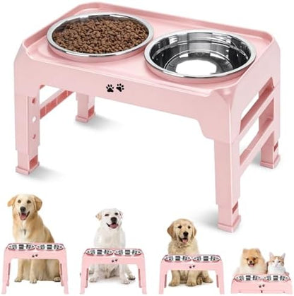 COMESOON Elevated Dog Bowls, 4 Height Adjustable Raised Bowl Stand with 2 Thick 50oz Stainless Steel Food Bowls Non-Slip Feeder Adjusts to 3.7'', 9.2'', 10.75'', 12.36'' Pink