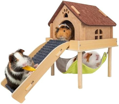 BESNEW 3 in 1 Enlarged Guinea Pig Hammock,Wooden Guinea Pig Hideout with House & Platform & Stairs Small Animal Toys for Hiding Sleeping Activities