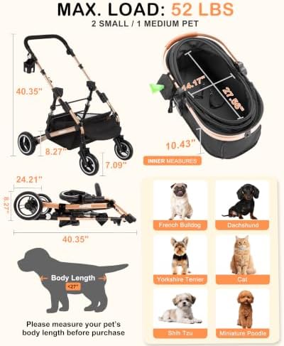 Dog Stroller for Medium Dogs Up to 52 Lbs, Cats Stroller for 2 Cats, 3 in 1 Pet Stroller with Bag Holder for Leashes, 3-Roll Poop Bags, 600D Waterproof Oxford Fiber, Adjustable Handle (Black)