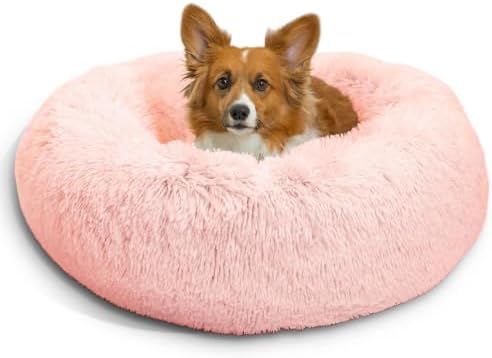 Best Friends by Sheri The Original Calming Donut Dog Bed for Medium Dogs up to 45 lbs, Shag Faux Fur, Cotton Candy Pink, 30" x 30"