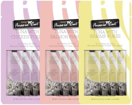 Fussie Cat Premium Puree Lickable Cat Treats in Tuna Puree, Lickable Treats, 3 Packs of 4-0.5oz Tubes,(12 Total Tubes) Variety Flavor Pack of 3 Flavors. Salmon, Shrimp, Chicken