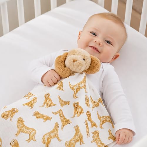 Mud Pie Golden Retriever Woobie Lovey Blanket, Plush Baby Security Blanket with Chime Rattle and Minky Lining