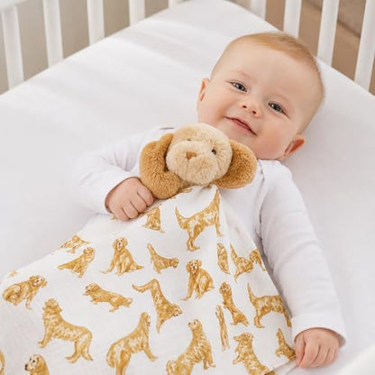 Mud Pie Golden Retriever Woobie Lovey Blanket, Plush Baby Security Blanket with Chime Rattle and Minky Lining