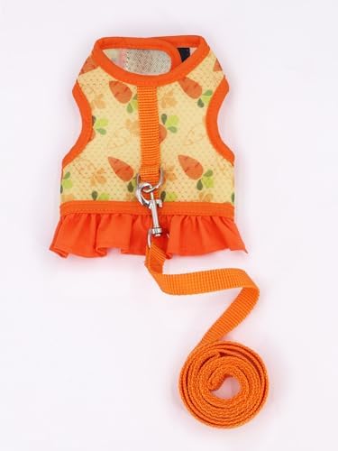 Rabbit Leash and Harness Set,Proof Walking Escape Cute Floral Mesh Vest Breathable Rabbit Clothes for Bunnies, Hiking, Training for Ferret Kitten Puppy Small Rabbit Harness Orange L