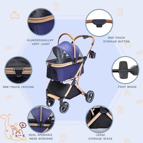 Chihuahua 3-in-1 Foldable Pet Stroller 4-Wheel for Small Dogs,Navy Blue
