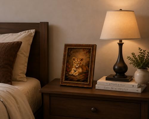 Framed Vintage Style Wall Art Cute Lion Cub In A Rustic Forest Setting Canvas Print Poster Farmhouse Style Artwork Suitable For Bedroom Or Living Room 8x10 Inches Ready To Hang Or Display On A Tabletop