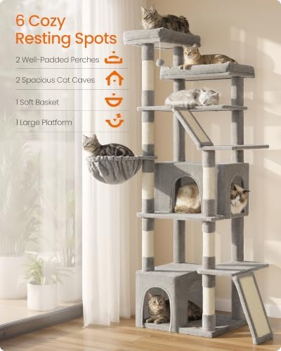 Feandrea 72.6-Inch Tall Cat Tree Tower for Indoor Extra Large Cats, Scratching Posts, Scratching Boards, Multi-Level Design, Dove Gray UPCT014G101S