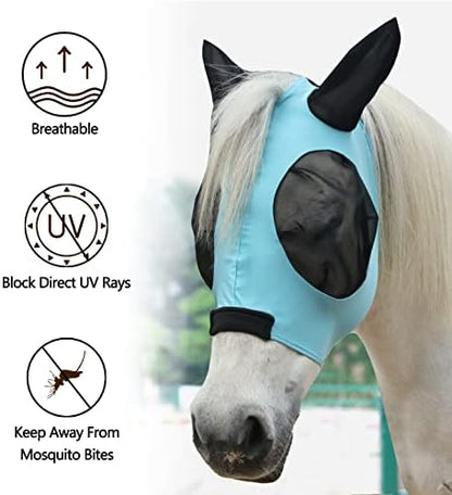 Stretchy Horse Fly Mask with Ears, Large Eye Space Paleblue Pony