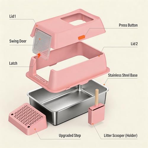 Stainless Steel Litter Box with Lid, Extra Large Enclosed Cat Litter Pan for Big Cats, High Sided Metal Litter Box with Enclosure, Front & Top Entry, Easy Clean, Anti-Leakage, Includes Scoop, Pink