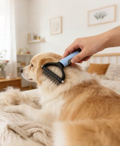 Double Sided Dematting Comb for Dogs & Cats - 2-in-1 Undercoat Rake & Double Coat Dog Brush, Pet Grooming Tool for Removing Mats & Deshedding (Blue)