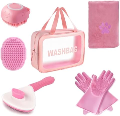 6PCS Pink Dog Washing Kit with Brush, Scrubber, Gloves, Towel & Bag