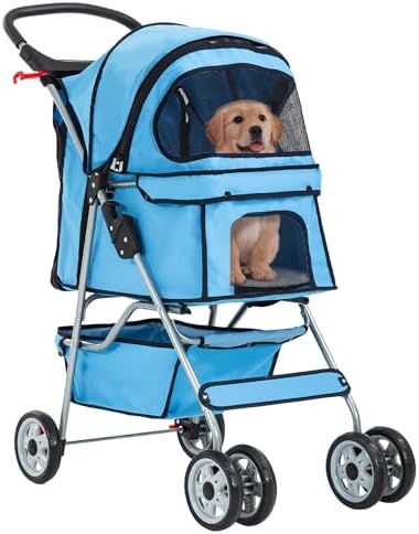 FDW | 4-Wheel Foldable Pet Stroller | Blue | Lightweight & Portable