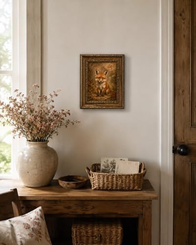 Framed Vintage Style Wall Art Cute Fox in a Rustic Forest Setting Canvas Print Poster Farmhouse style artwork suitable for bedroom or living room 8x10 inches ready to hang or display on a tabletop