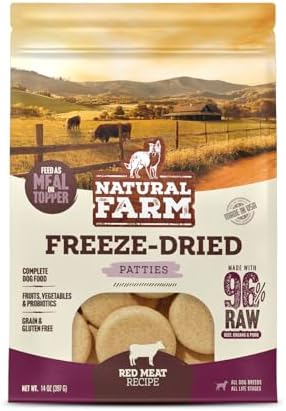 Natural Farm Freeze-Dried Red Meat Patties for Dogs – 96% Raw Beef, Organs & Pork, Complete Meal or Food Topper, Grain-Free, Gluten-Free, Probiotics for Digestion, All Life Stages – 14oz Bag