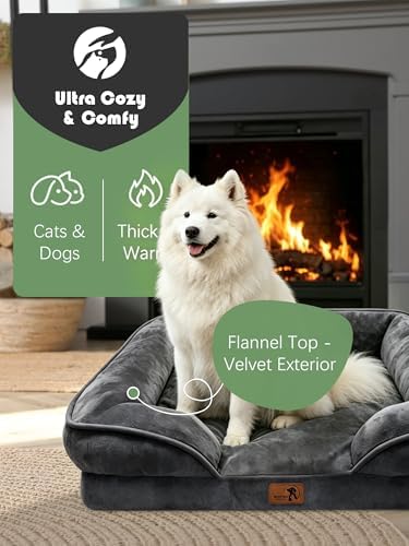 Spotted Play Orthopedic Dog Bed with Sides - Sofa Beds for Large Dogs, Supportive Foam Pet Couch Bed with Washable Removable Cover, Waterproof Lining and Non-Slip Bottom, Dark Grey - L-Plus