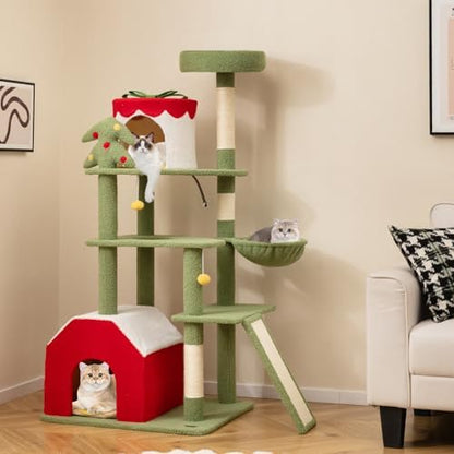 PETSITE 61 inch Cat Christmas Tree, Multi-Level Cat Tower with Sisal Scratching Posts, 2 Cat Condos, Basket Bed, Sisal Covered Ladder, Cute Cat Tree for Indoor Cats