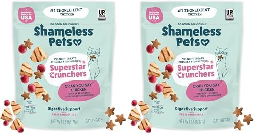 Shameless Pets Crunchy Cat, Natural Kitty Treats for Cats with Digestive Support with Real Chicken, Healthy Flavored Feline Snacks - Cran You Say Chicken (Pack of 2)