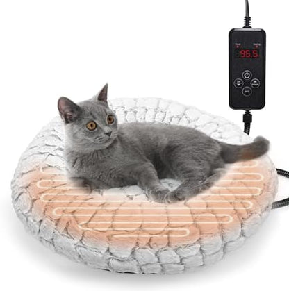 Heated Cat Bed with Timer & Temp Adjustable, Round Heating Pet Bed for Cats Indoor 19" Soft & Cozy Donut Electric Pet Warming Pad Heater for Cat